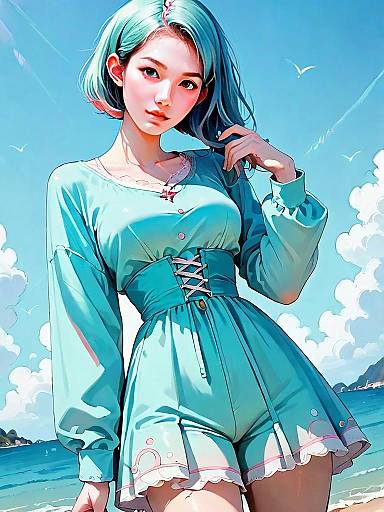 Realistic Digital Art of Woman Wearing Teal Long-Sleeve Swim Dress at Beach