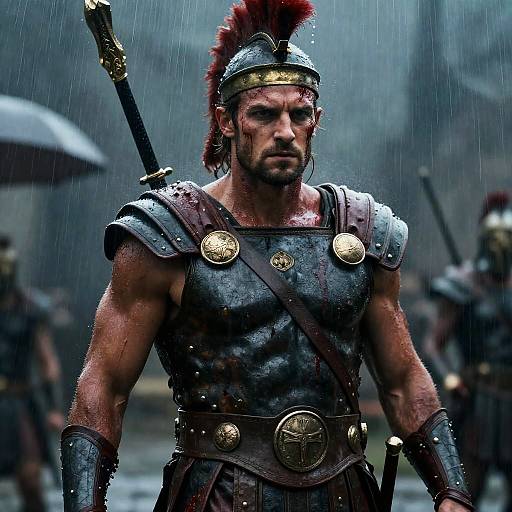 Intense Roman Soldier in Battle Armor Standing in Rain