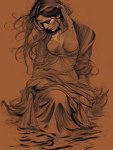 Sketch-style portrait of a woman with flowing hair