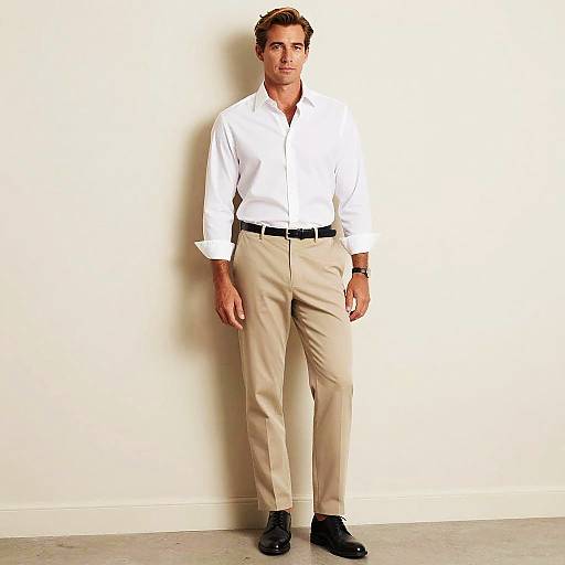 Man Wearing White Shirt and Beige Chinos in Minimalist Style