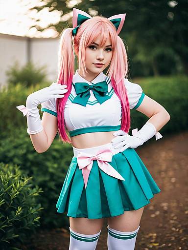 Haruka Haruno Anime Cosplay with Pink Twin Tails and Teal School Uniform