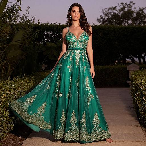 Elegant Emerald Green Evening Gown with Gold Embroidery Worn by Woman Outdoors