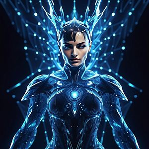 Futuristic Woman in Glowing Cybernetic Armor