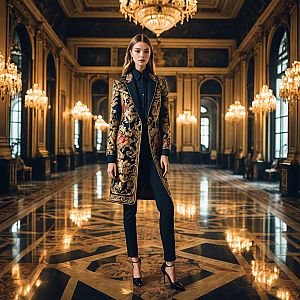 Stylish Woman in Opulent Hall with Chandelier