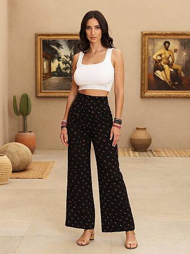 Lean Woman in Cropped White Lace Tank Top and Black Floral Wide-Leg Pants