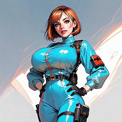 Confident Woman in Glossy Blue Tactical Suit Digital Illustration