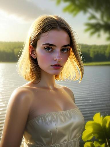 Blonde Woman by Lake at Sunset in Silky Dress