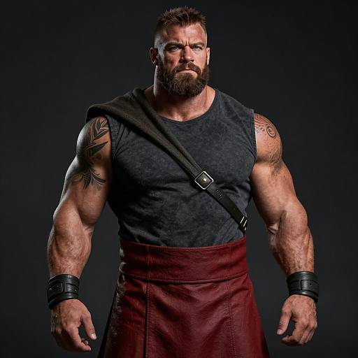 Muscular Bearded Man in Leather Kilt and Tribal Tattoos