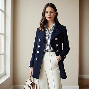 Elegant Woman in Navy Coat and White Trousers Fashion Portrait