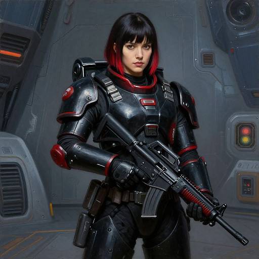 Futuristic Woman Soldier in Black and Red Combat Armor with Assault Rifle