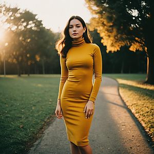 Woman in Mustard Yellow Turtleneck Dress Walking in Autumn Park