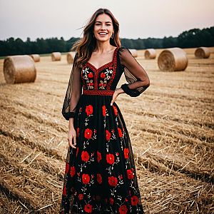 Smiling Woman in Black Dress with Floral Embroidery in Harvested Field