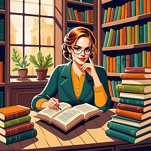 Thoughtful Woman Reading in Cozy Library