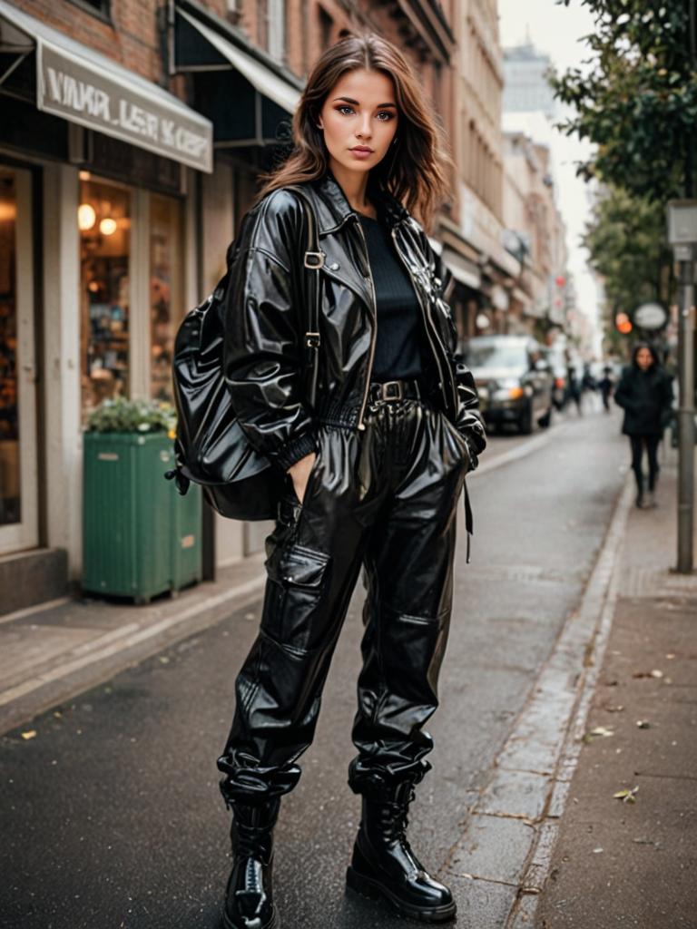 Confident Woman in All-Black Leather Outfit on City Street