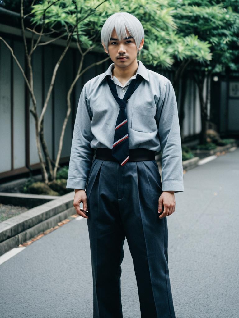 Young Man in Japanese Streetstyle with Silver Hair and Formal Attire