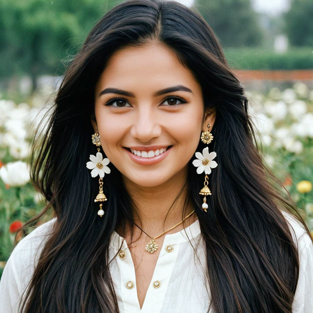 Smiling woman in floral setting with earrings and necklace