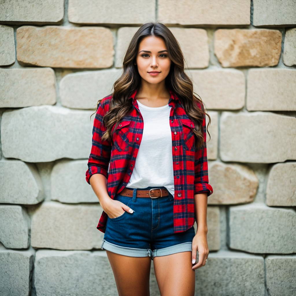 Confident Woman in Plaid Shirt Against Stone Wall