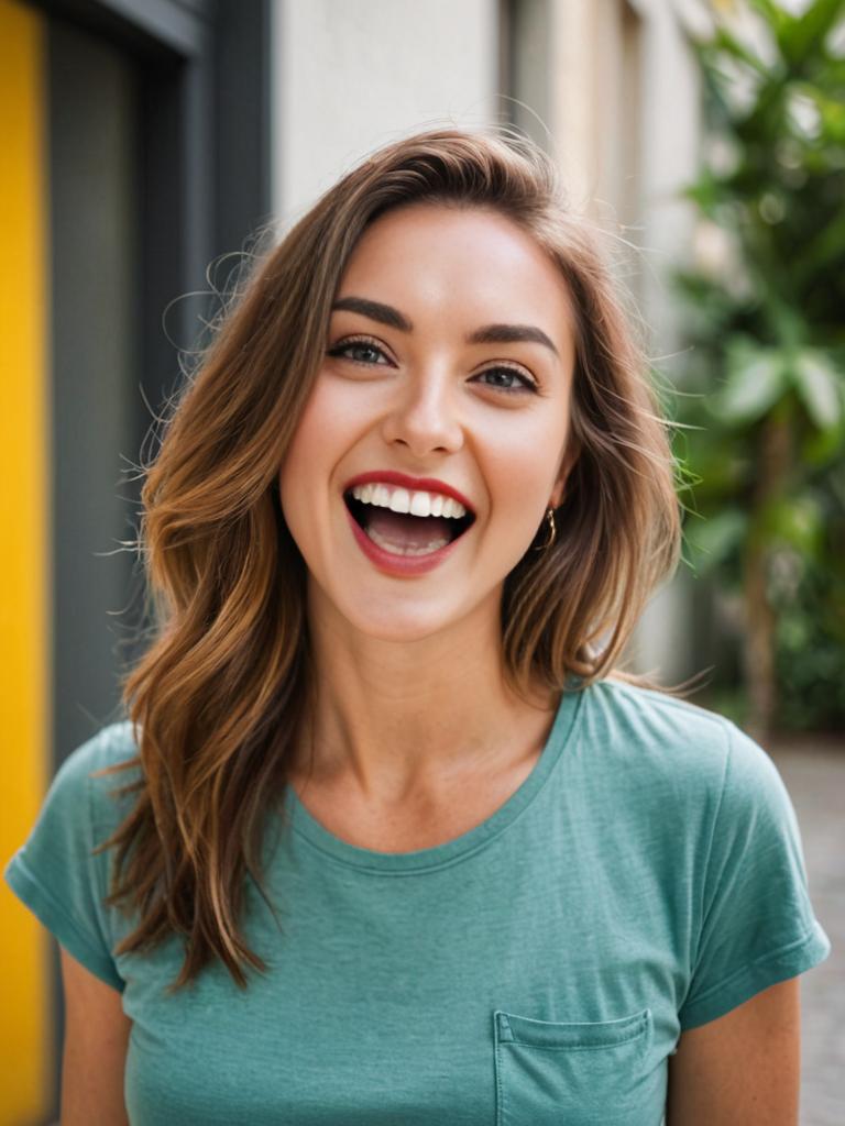 Joyful Woman in Teal Top Playfully Sticking Out Tongue