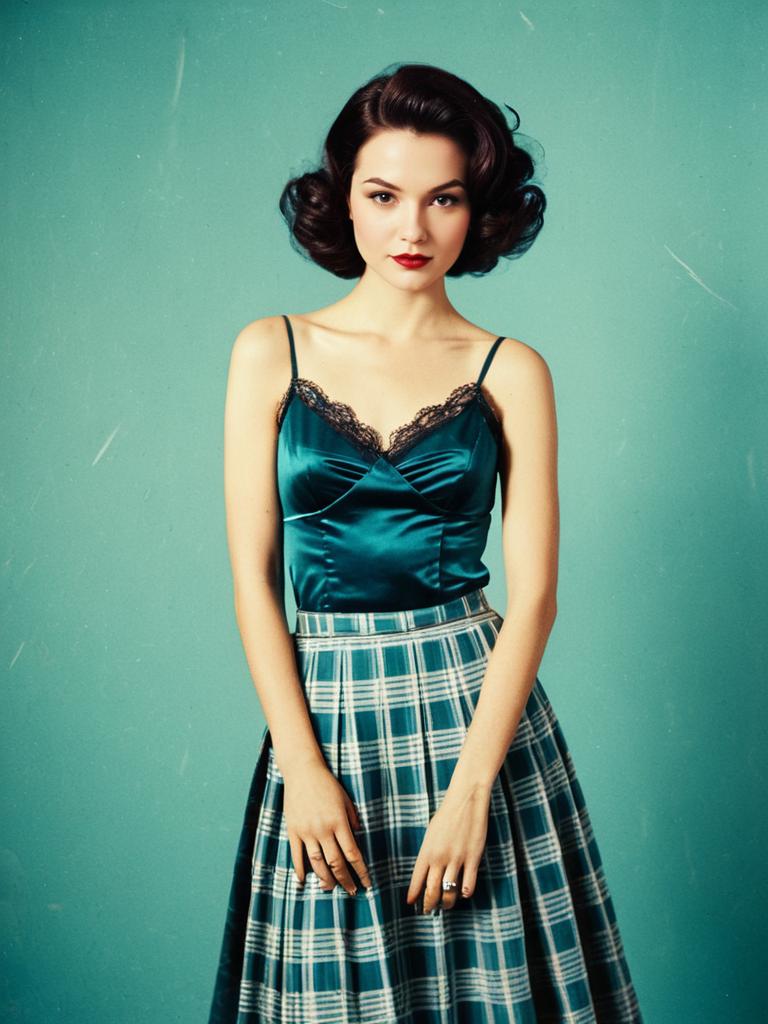 Vintage Style Woman in Teal Satin Camisole and Plaid Skirt