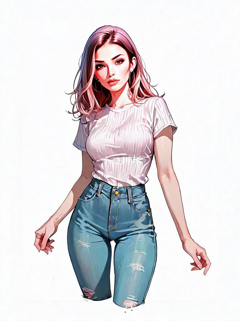 Realistic Comic Style Illustration of Young Woman in Casual Outfit
