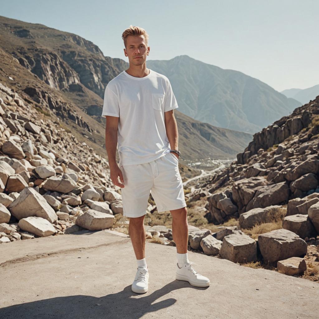 Confident Man in Summer Attire Against Mountainous Background