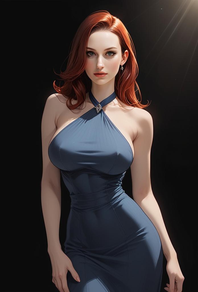 Elegant Red-Haired Woman in Blue Halter Dress Portrait