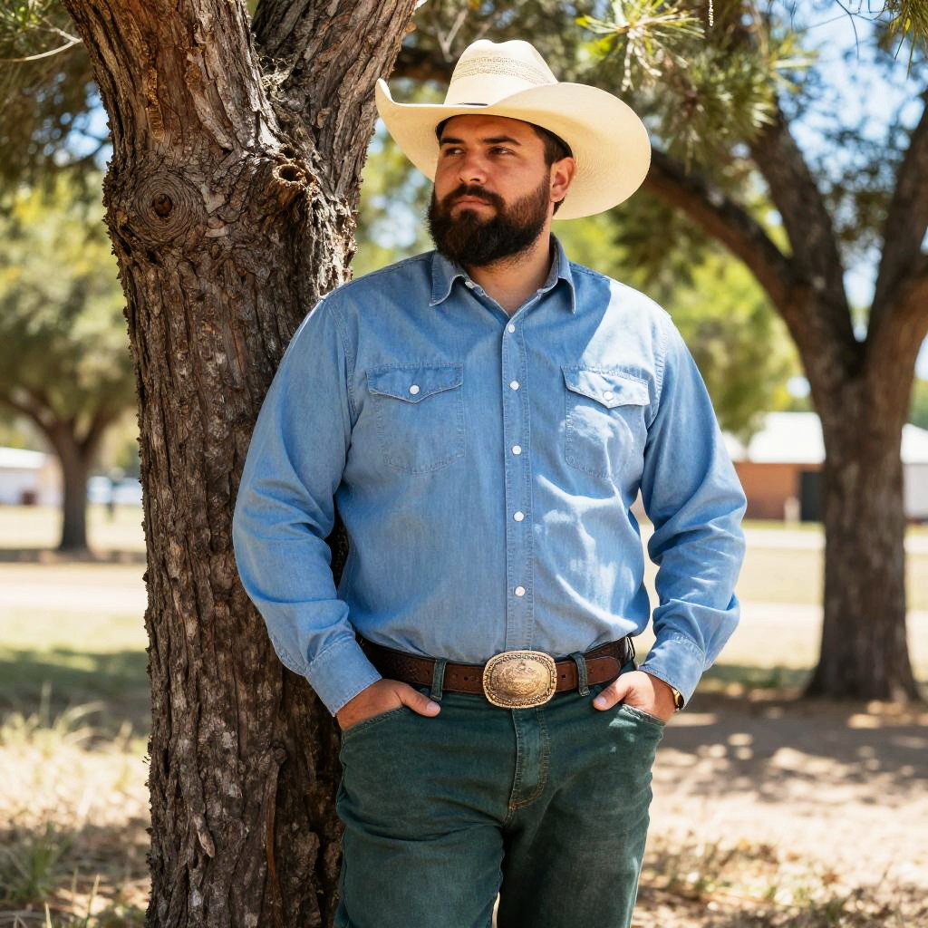Man in Cowboy Hat and Denim Shirt Leaning on Tree Outdoors