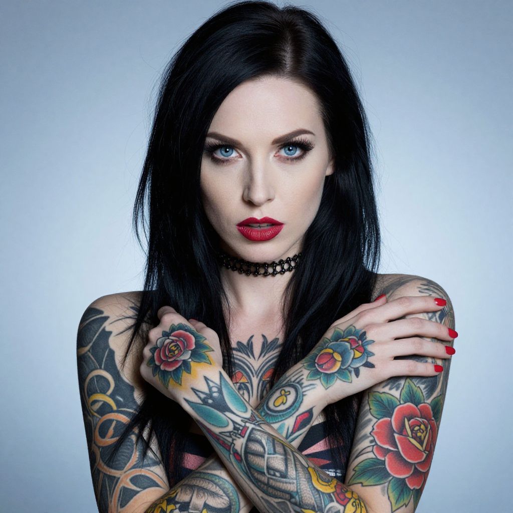 Portrait of Tattooed Woman with Black Hair and Blue Eyes