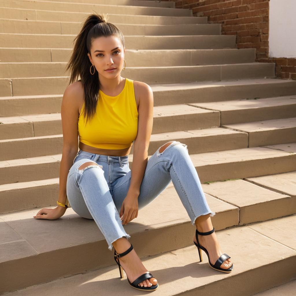 Stylish woman in yellow top and ripped jeans on outdoor steps