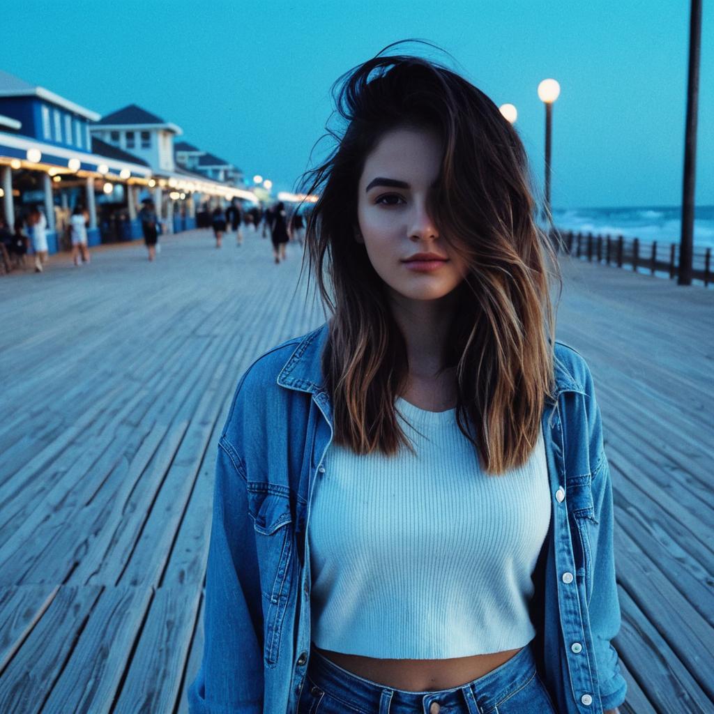 Young Woman on Ocean Boardwalk in Denim Outfit at Twilight