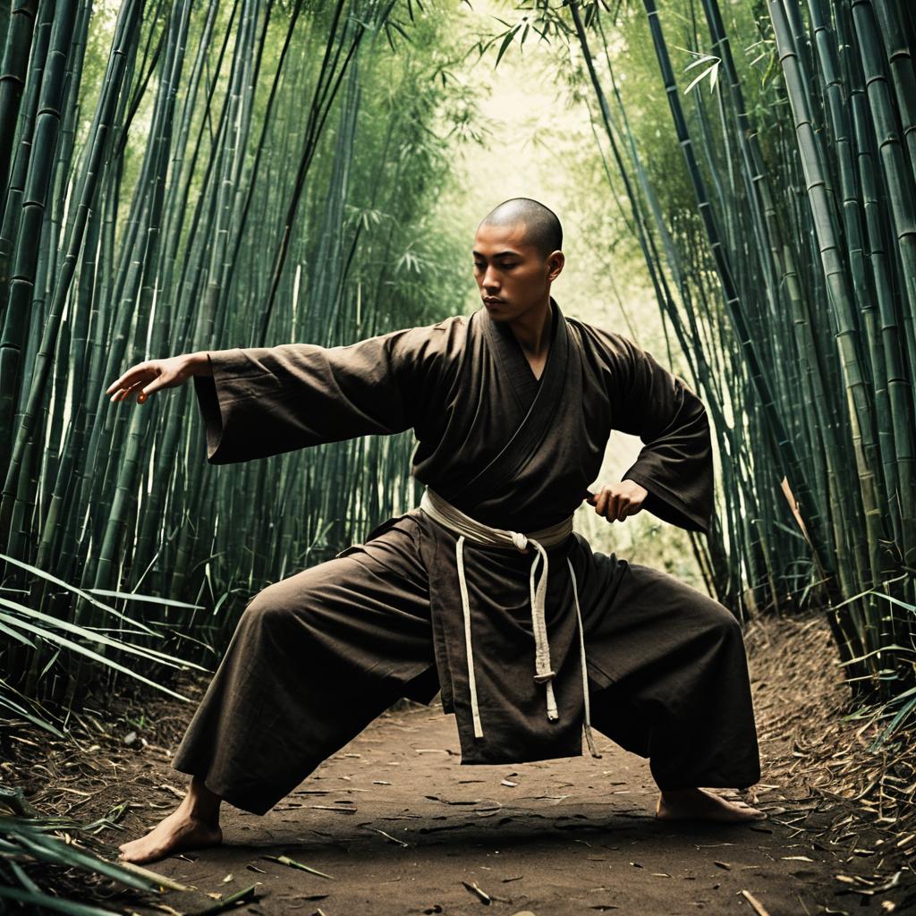 Martial Artist Practicing in Bamboo Forest Traditional Pose