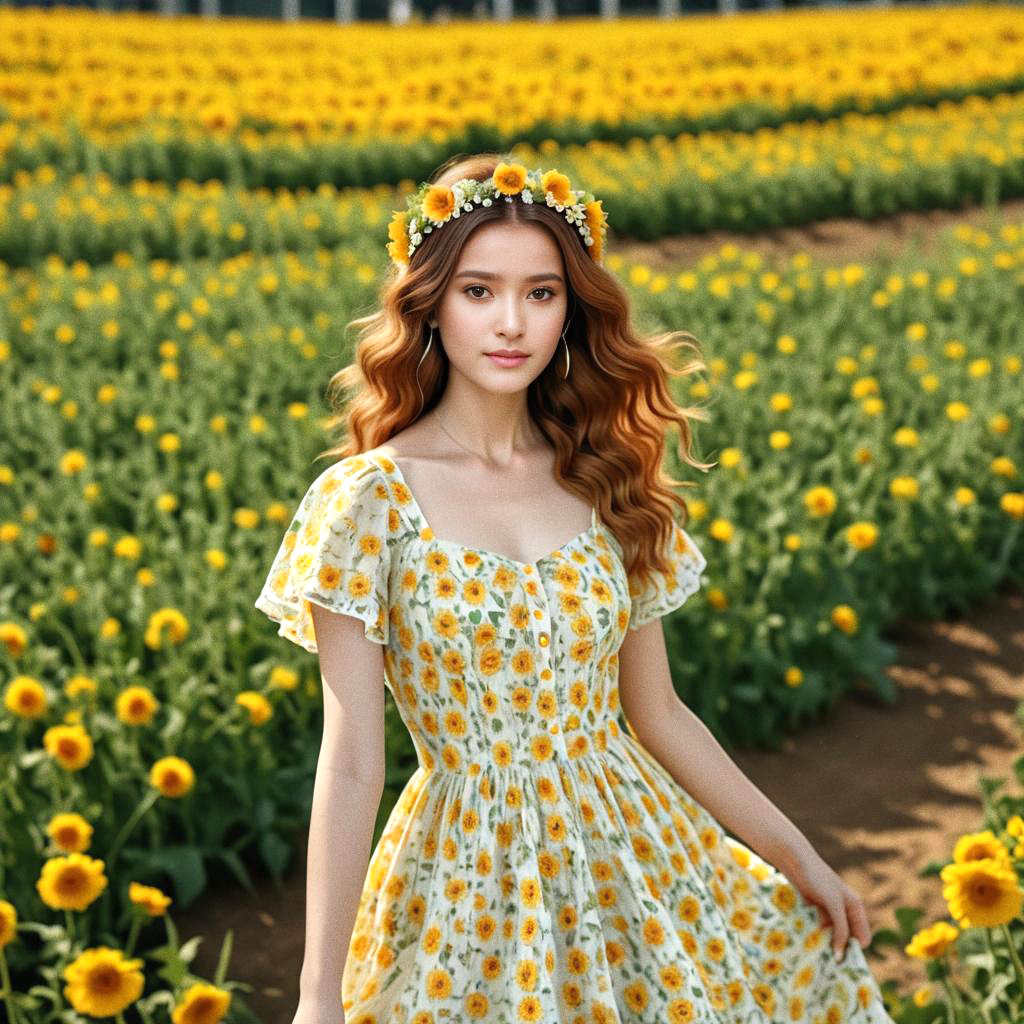 Woman in Yellow Dress in Sunflower Field