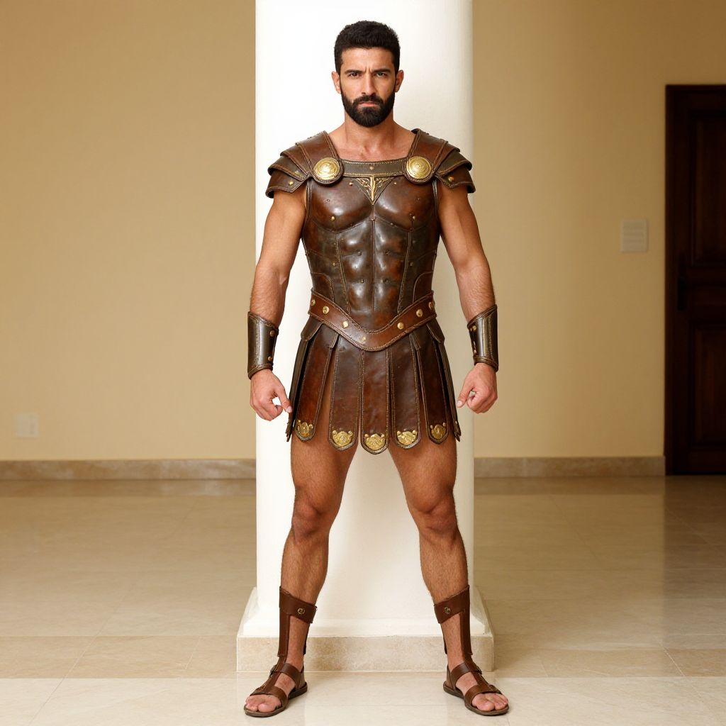 Man Wearing Ancient Roman Style Warrior Armor in Minimalist Indoor Setting
