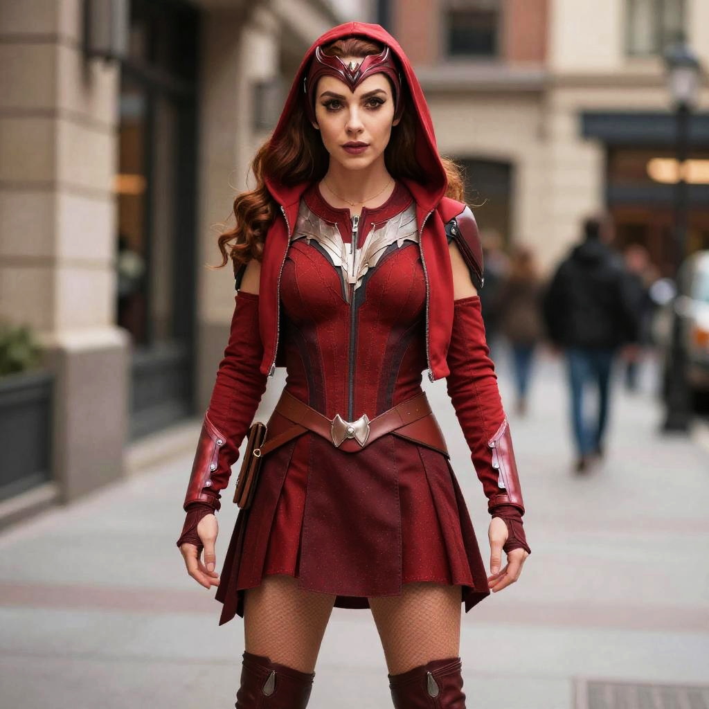 Woman in Scarlet Witch Costume with Red Dress and Hooded Jacket