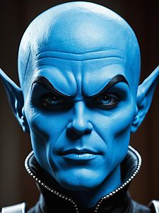 Man in Megamind Costume with Blue Skin Close-Up Detailed Headshot