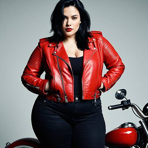 Confident Woman in Red Leather Jacket with Motorcycle Stylish Portrait