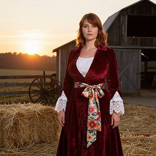 Victorian Style Woman in Red Velvet Dress at Sunset Barn