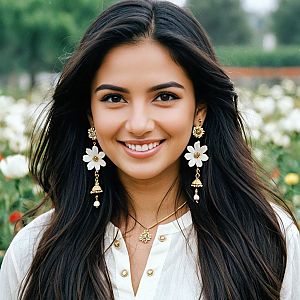 Smiling woman in floral setting with earrings and necklace