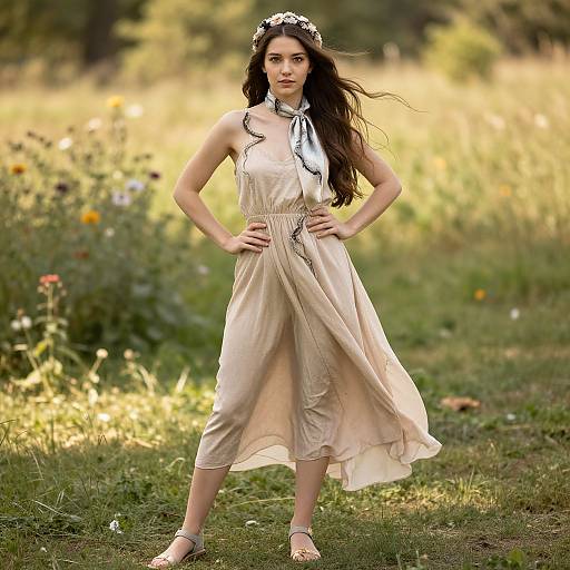 Young Woman in Flowing Beige Dress Standing in Sunlit Meadow