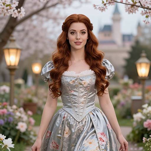 Red-Haired Woman in Silver Floral Ball Gown in Romantic Garden