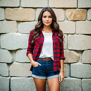 Confident Woman in Plaid Shirt Against Stone Wall