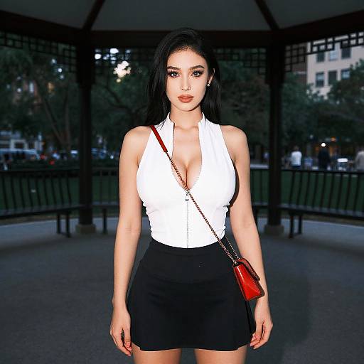 Athletic Woman in Chic White Sleeveless Top with Front Zipper and Black Mini Skirt