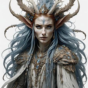 Ethereal Woman with Blue Hair and Nature-Inspired Armor