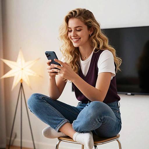 Young Woman Using Smartphone Relaxing at Home in Casual Outfit