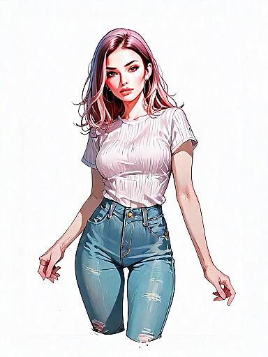 Realistic Comic Style Illustration of Young Woman in Casual Outfit