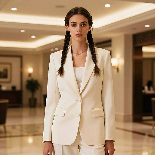 Young Woman in Cream Blazer and Pants with Braided Hair in Modern Interior