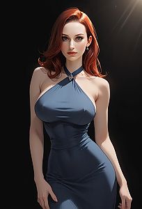 Elegant Red-Haired Woman in Blue Halter Dress Portrait