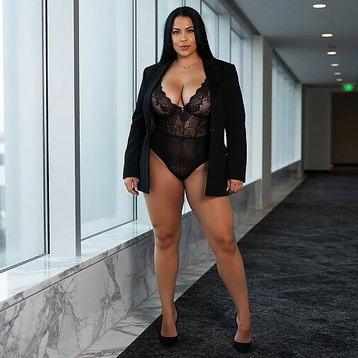 Confident Woman in Black Lace Bodysuit and Blazer in Modern Corridor