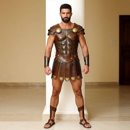 Man Wearing Ancient Roman Style Warrior Armor in Minimalist Indoor Setting