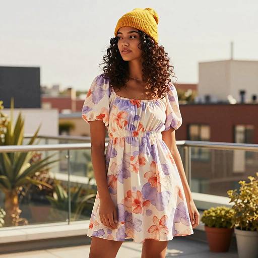 Young Woman in Yellow Beanie and Floral Dress on Urban Balcony